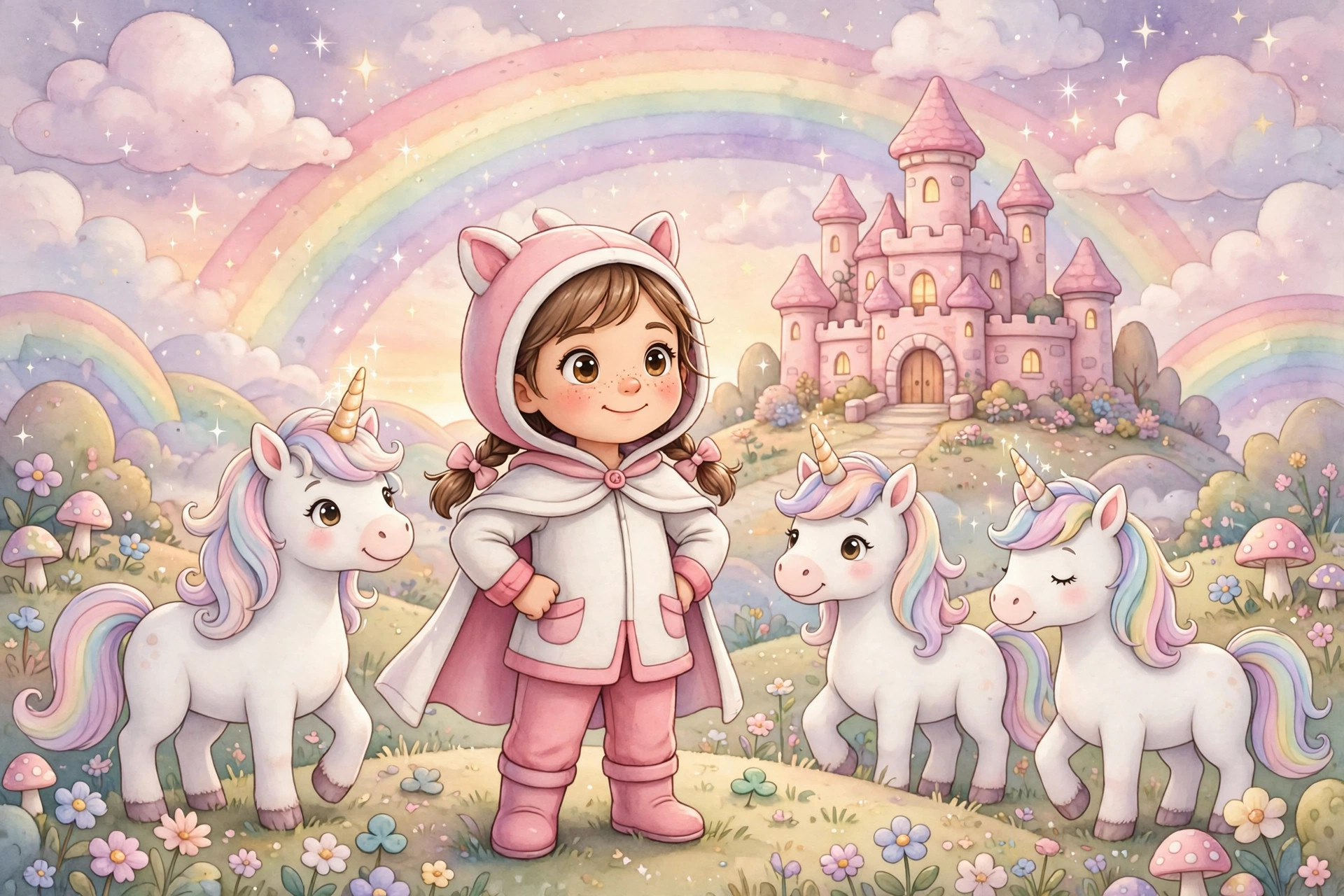 Cami's rainbow unicorn kingdom with a pink castle